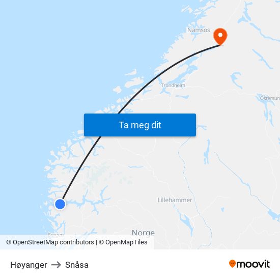 Høyanger to Snåsa map