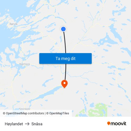 Høylandet to Snåsa map