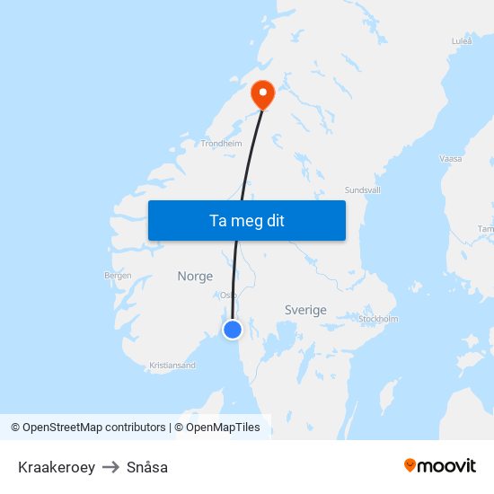 Kraakeroey to Snåsa map