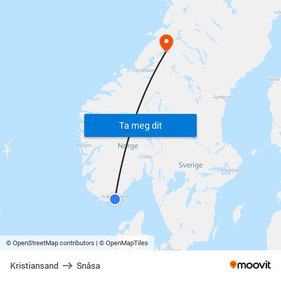 Kristiansand to Snåsa map