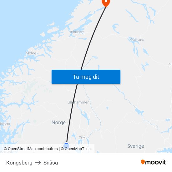 Kongsberg to Snåsa map