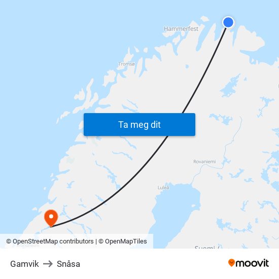 Gamvik to Snåsa map