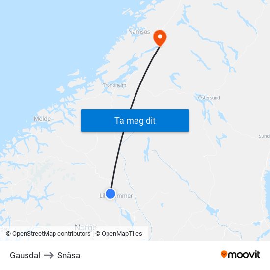 Gausdal to Snåsa map