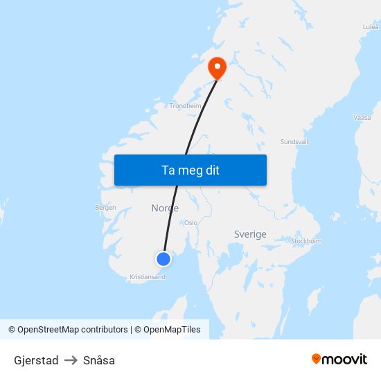Gjerstad to Snåsa map