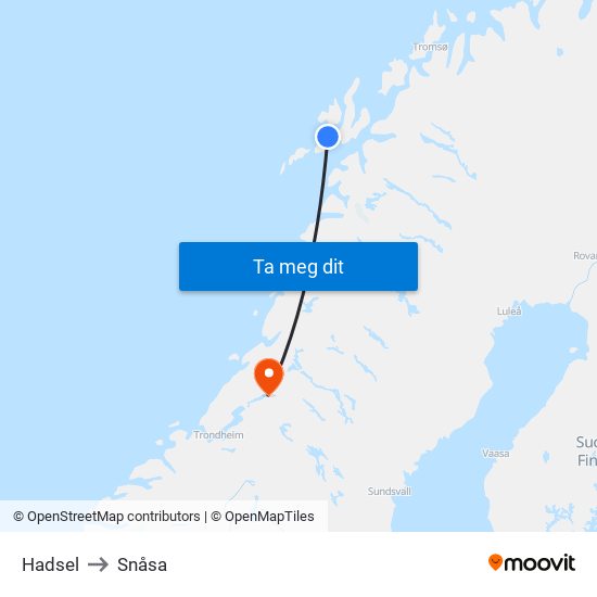 Hadsel to Snåsa map