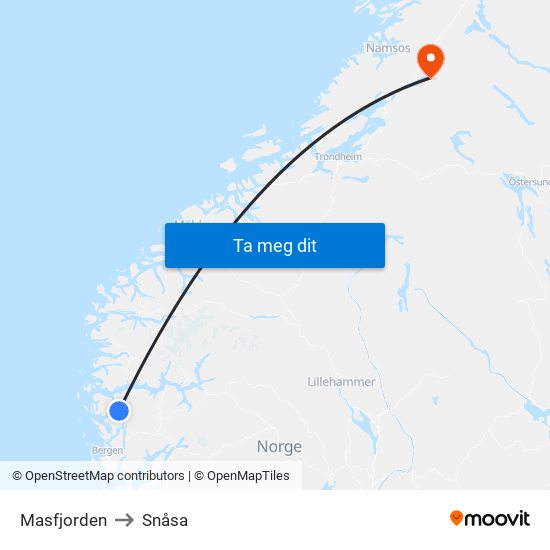 Masfjorden to Snåsa map