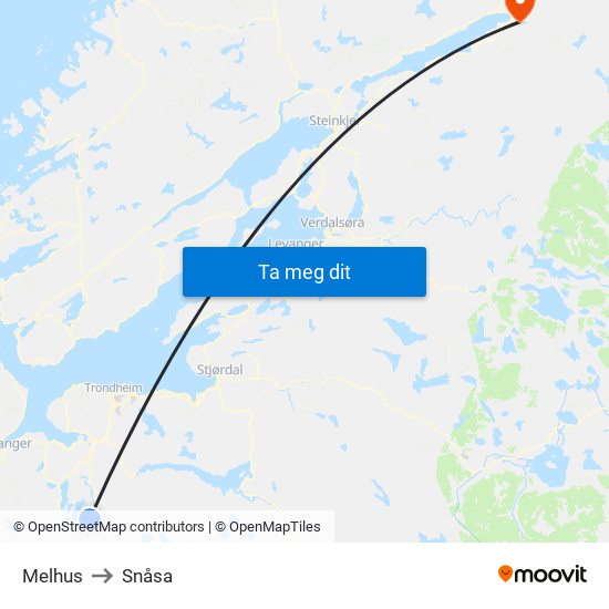 Melhus to Snåsa map