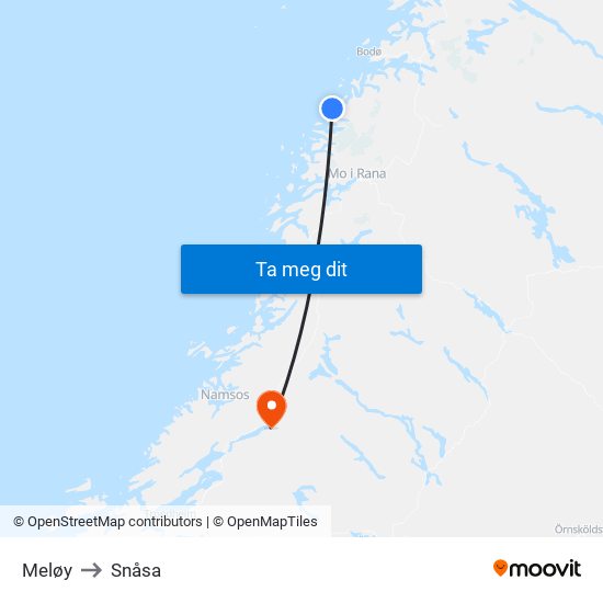 Meløy to Snåsa map