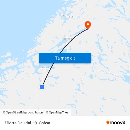 Midtre Gauldal to Snåsa map