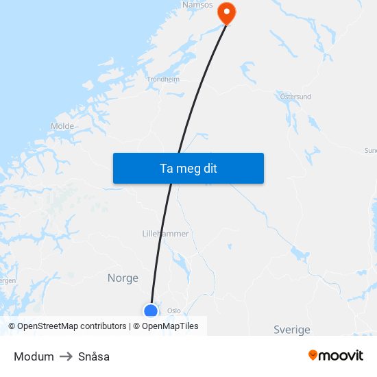 Modum to Snåsa map