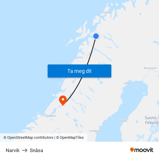 Narvik to Snåsa map