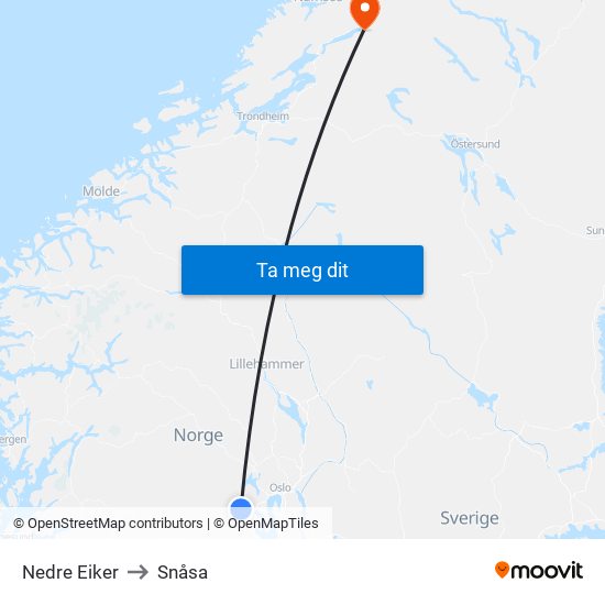 Nedre Eiker to Snåsa map