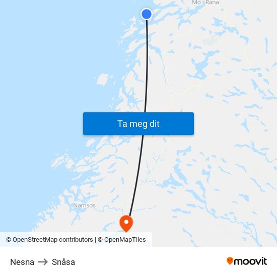 Nesna to Snåsa map