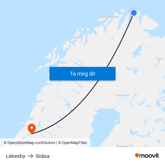 Lebesby to Snåsa map