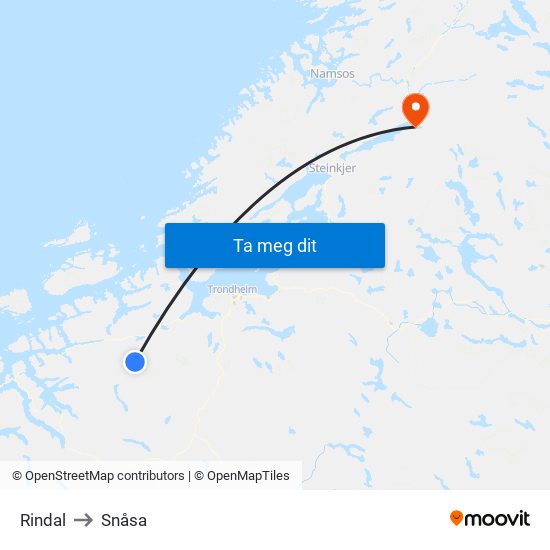 Rindal to Snåsa map