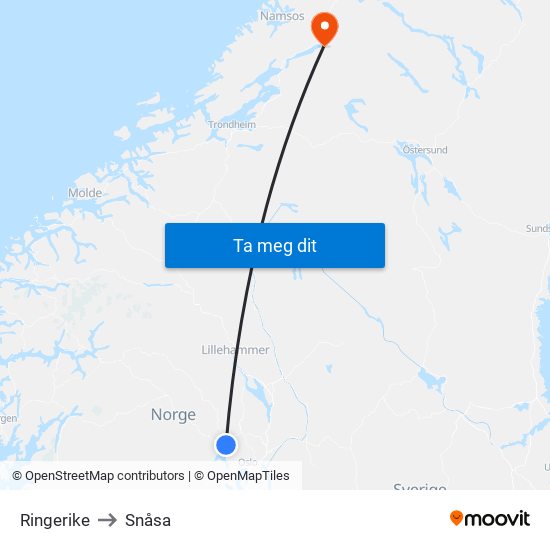 Ringerike to Snåsa map