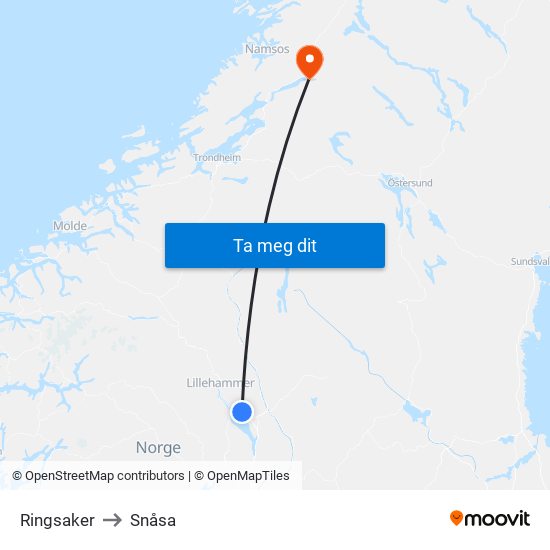 Ringsaker to Snåsa map