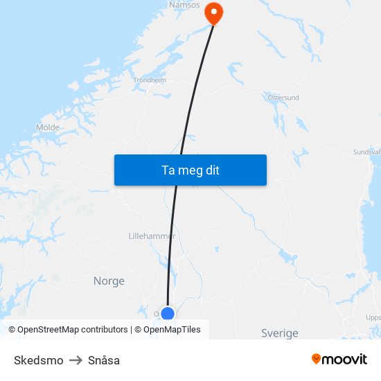 Skedsmo to Snåsa map