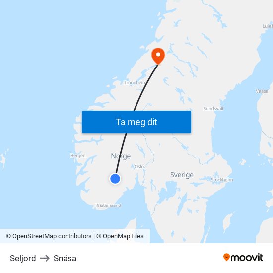 Seljord to Snåsa map
