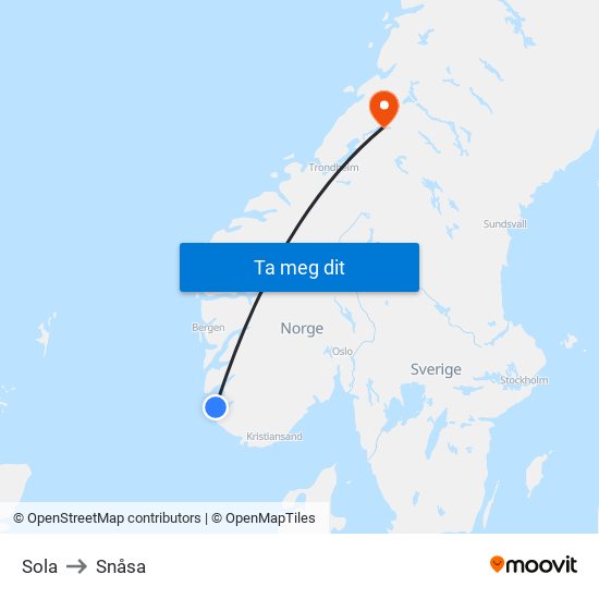 Sola to Snåsa map