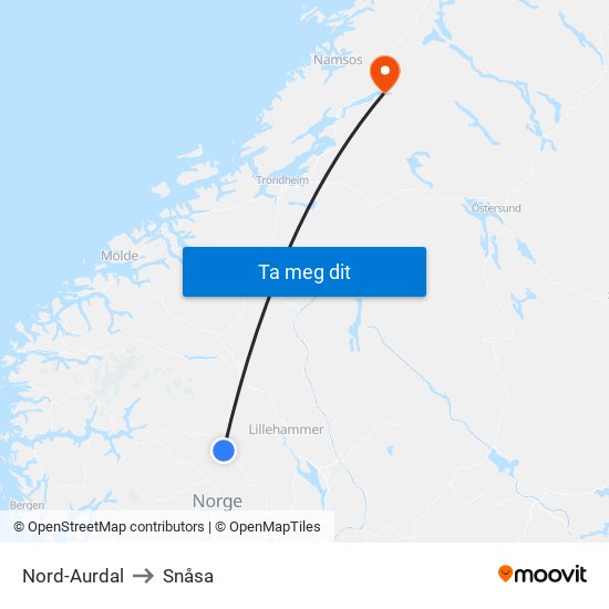 Nord-Aurdal to Snåsa map