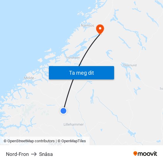 Nord-Fron to Snåsa map