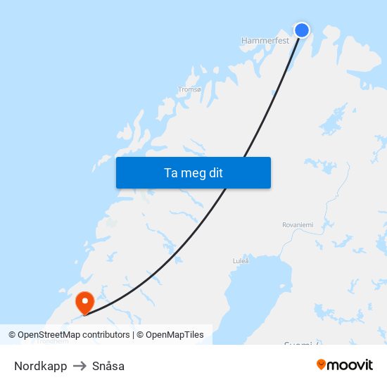 Nordkapp to Snåsa map