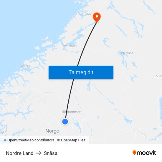 Nordre Land to Snåsa map