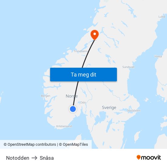 Notodden to Snåsa map