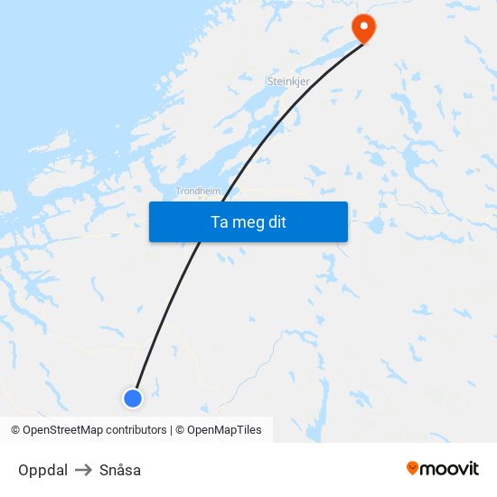 Oppdal to Snåsa map