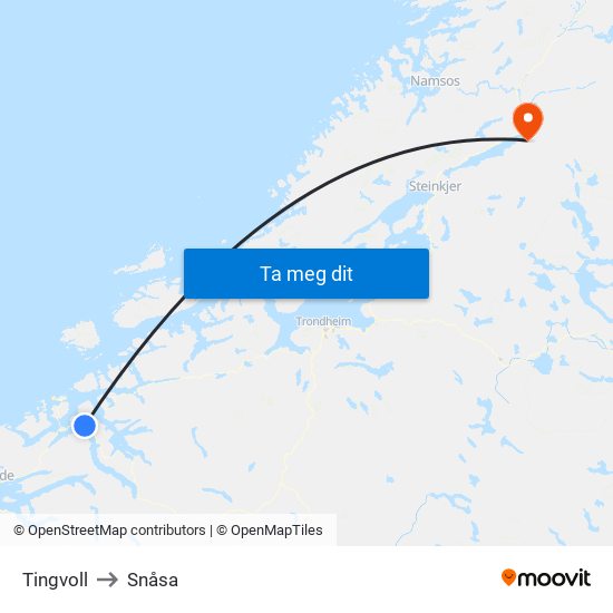Tingvoll to Snåsa map
