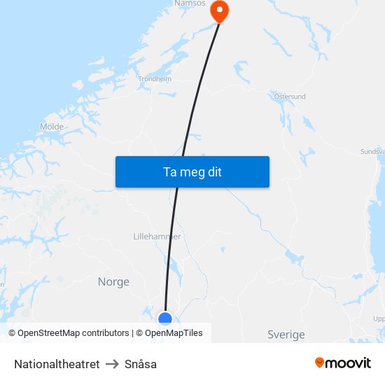 Nationaltheatret to Snåsa map