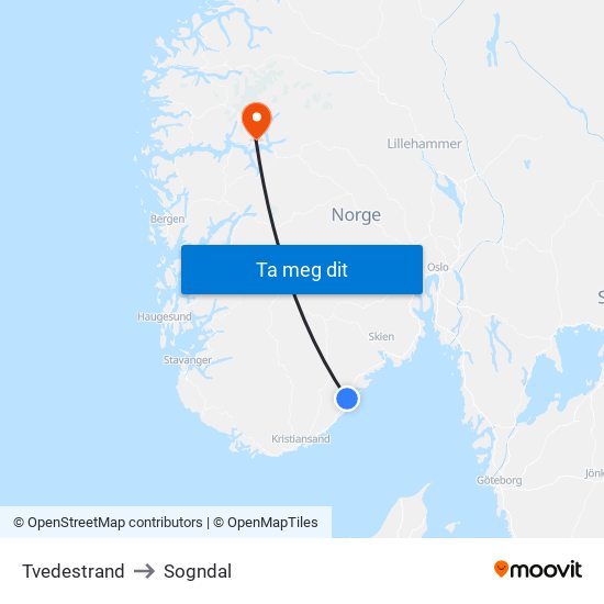 Tvedestrand to Sogndal map