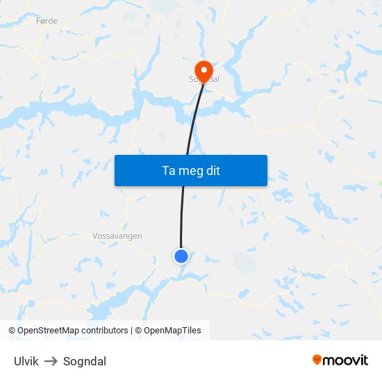 Ulvik to Sogndal map