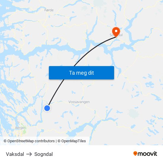 Vaksdal to Sogndal map