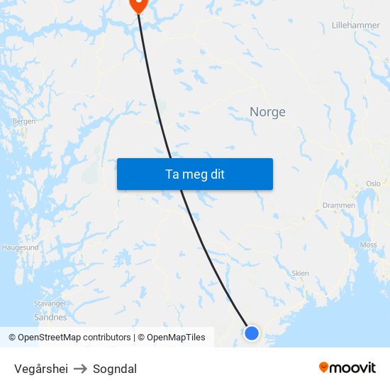 Vegårshei to Sogndal map