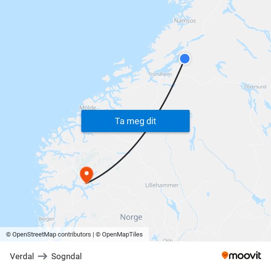 Verdal to Sogndal map