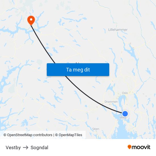 Vestby to Sogndal map