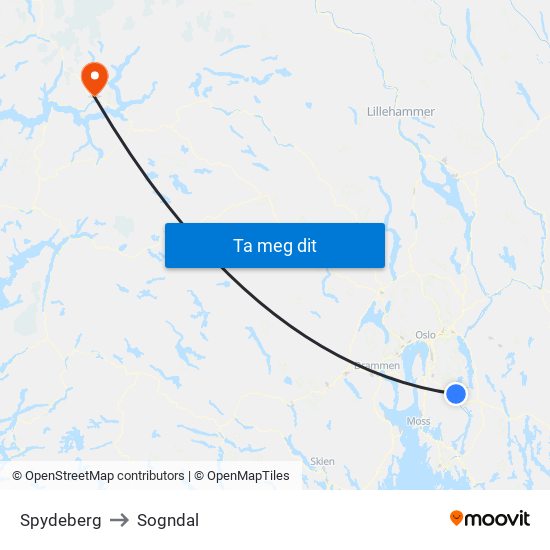 Spydeberg to Sogndal map