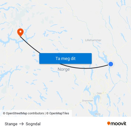 Stange to Sogndal map