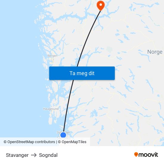 Stavanger to Sogndal map