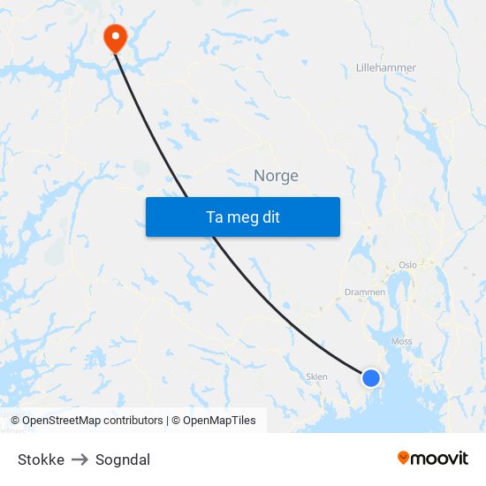 Stokke to Sogndal map