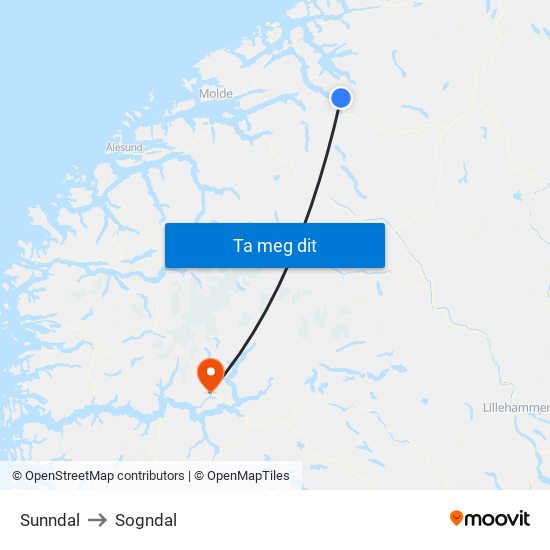 Sunndal to Sogndal map