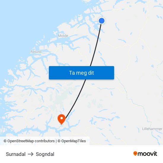 Surnadal to Sogndal map