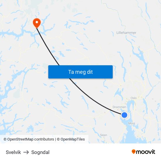 Svelvik to Sogndal map