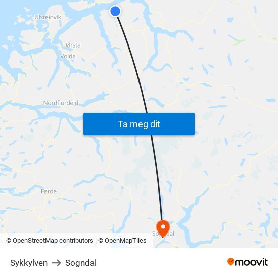 Sykkylven to Sogndal map