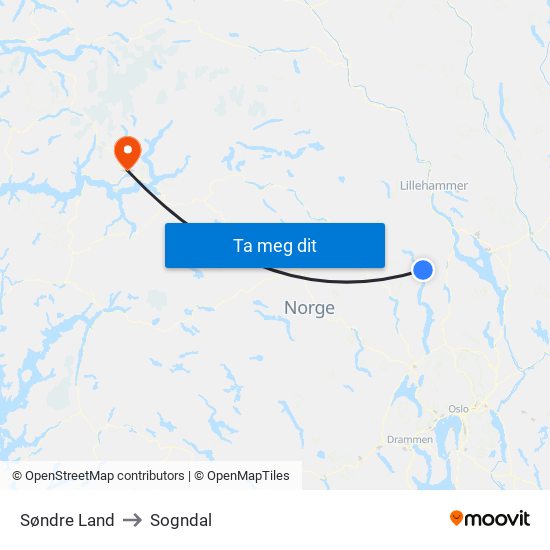 Søndre Land to Sogndal map