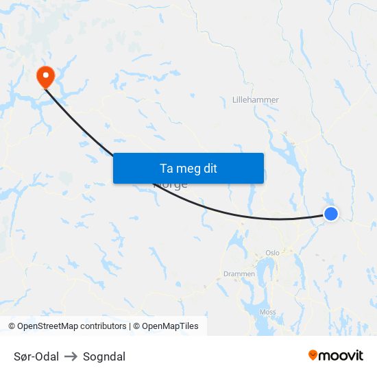 Sør-Odal to Sogndal map