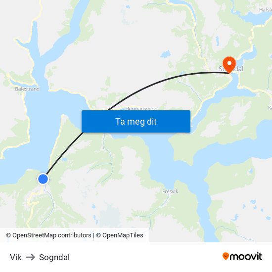 Vik to Sogndal map