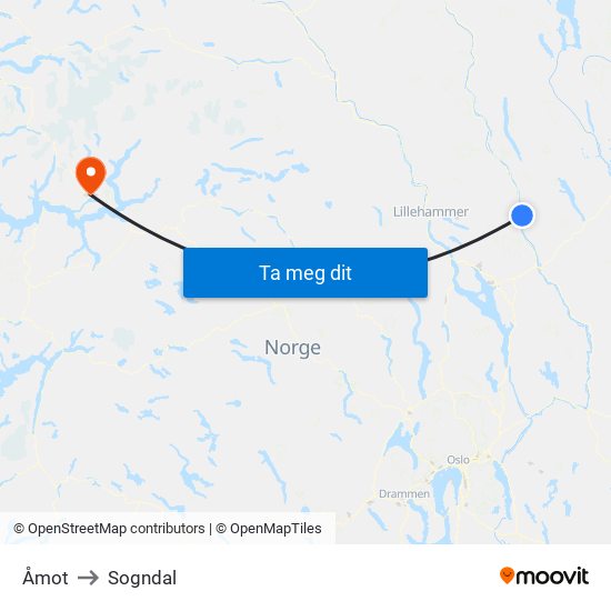 Åmot to Sogndal map